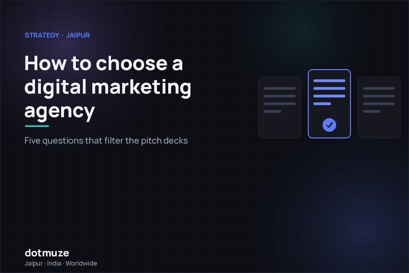 Illustration of three agency pitches side by side with one selected, for a guide to choosing a digital marketing agency in Jaipur